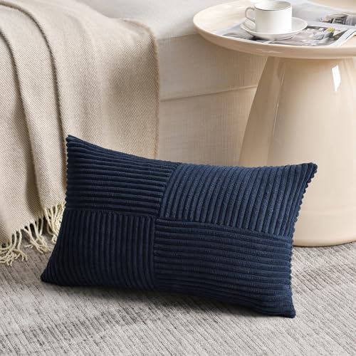 Fancy Homi 2 Packs Navy Blue Lumbar Decorative Throw Pillow Covers 12x20 Inch for Living Room Couch Rustic Farmhouse Boho Home Decor Soft Striped Corduroy Rectangle Accent Cushion Case 30x50 cm - Image 3