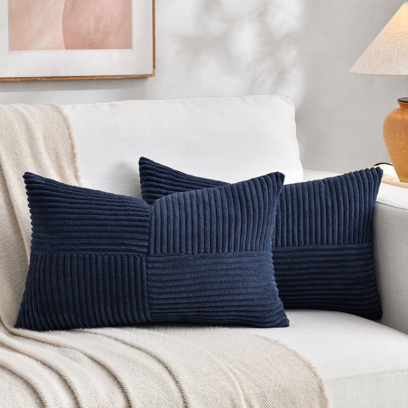 Fancy Homi 2 Packs Navy Blue Lumbar Decorative Throw Pillow Covers 12x20 Inch for Living Room Couch Rustic Farmhouse Boho Home Decor Soft Striped Corduroy Rectangle Accent Cushion Case 30x50 cm - Image 2