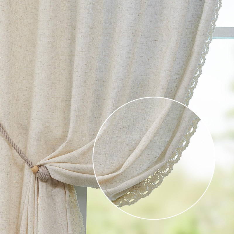 jinchan Linen Curtains for Living Room Bedroom Light Filtering Semi Sheer Curtains Boho Farmhouse French Country Cottage Core Decor Window Drapes Back Tab 84 Inch Length Laced Beige - Image 1