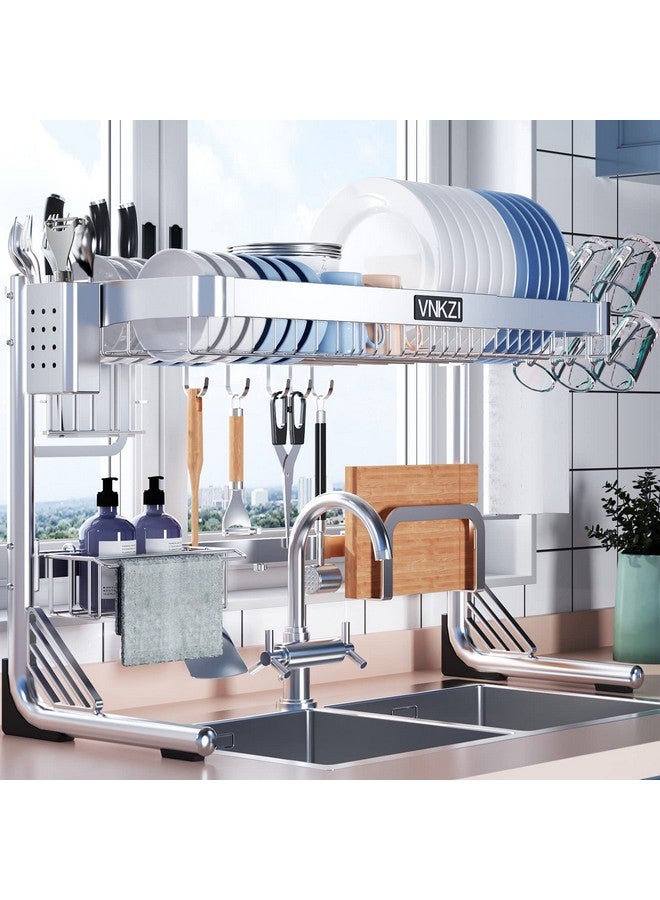VNKZI Over Sink Dish Drainer Drying Rack, 2 Tier Full Stainless Steel Storage Adjustable Length (25.98'' to 36.61'') Kitchen Rack, Multifunctional Expandable Counter Organizer, Space Saver Dish Rack - Image 1