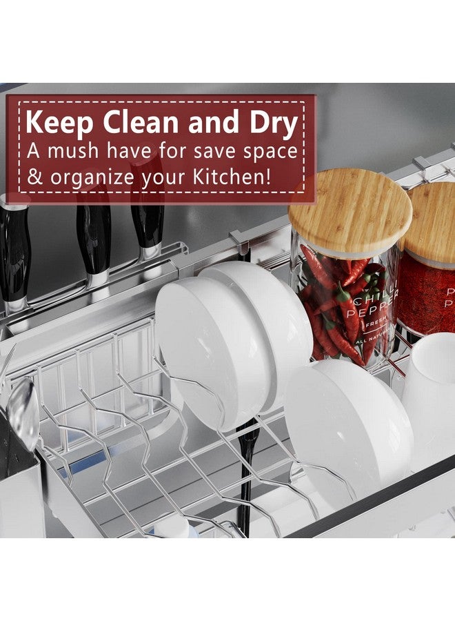 VNKZI Over Sink Dish Drainer Drying Rack, 2 Tier Full Stainless Steel Storage Adjustable Length (25.98'' to 36.61'') Kitchen Rack, Multifunctional Expandable Counter Organizer, Space Saver Dish Rack - Image 4