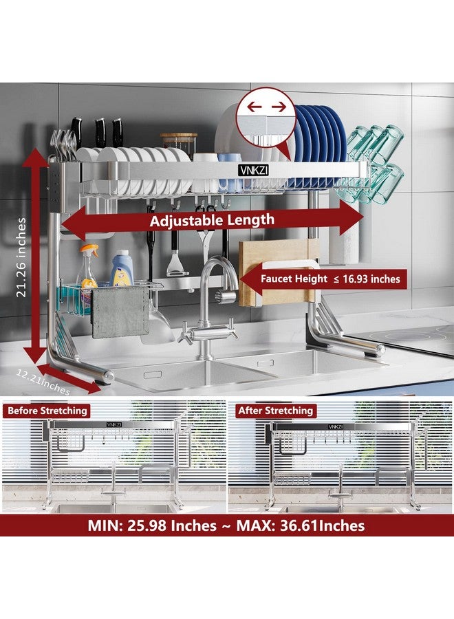 VNKZI Over Sink Dish Drainer Drying Rack, 2 Tier Full Stainless Steel Storage Adjustable Length (25.98'' to 36.61'') Kitchen Rack, Multifunctional Expandable Counter Organizer, Space Saver Dish Rack - Image 2