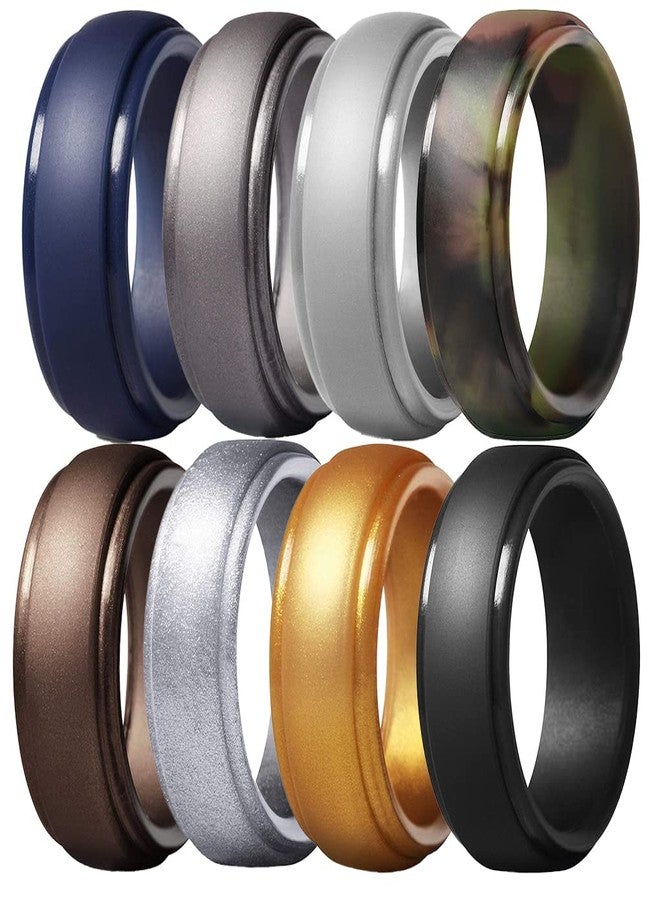 AZYOUNG Mens 8mm Wide Double Steps Silicone Wedding Band 8pcs Pack Black Blue Camo Green Rubber Rings,US Size 7-14 (11) - Image 1