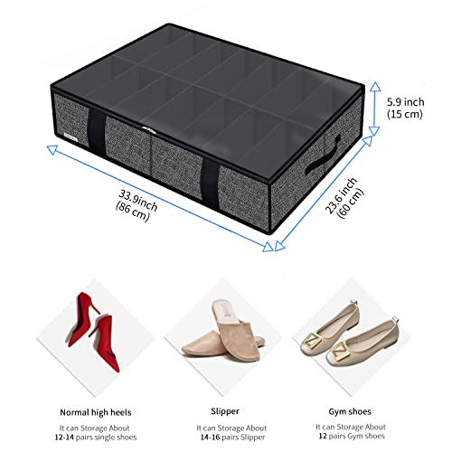 Onlyeasy 2 Pack Under Bed Shoe Storage Organizers with Handles & Clear window (Fit 14 +14 Pairs), Sturdy Underbed Box Organizer Shoe Storage Bags for Kids & Adults, Linen-like Black, MXAUBS14S14 - Image 2