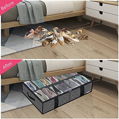 Onlyeasy 2 Pack Under Bed Shoe Storage Organizers with Handles & Clear window (Fit 14 +14 Pairs), Sturdy Underbed Box Organizer Shoe Storage Bags for Kids & Adults, Linen-like Black, MXAUBS14S14 - Image 3