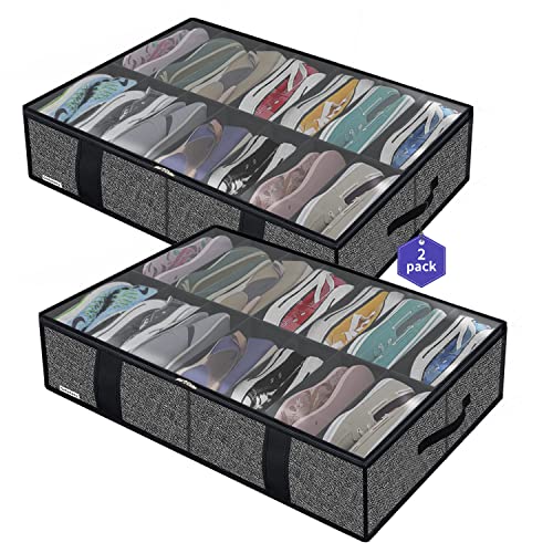 Onlyeasy 2 Pack Under Bed Shoe Storage Organizers with Handles & Clear window (Fit 14 +14 Pairs), Sturdy Underbed Box Organizer Shoe Storage Bags for Kids & Adults, Linen-like Black, MXAUBS14S14 - Image 1