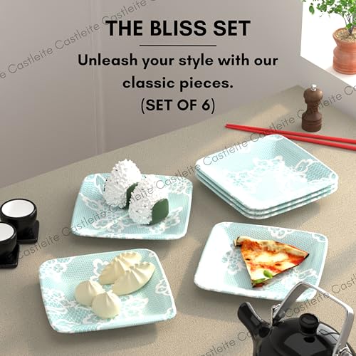 Castleite Bliss Melamine Quarter Plates Set of 6 - Size 7', Non Breakable, Square Designer Plate for Serving Snacks, Breakfast, Lunch or Dinner at Home, Kitchen, or Café, Stainless (Ocean's Eleven) - Image 2