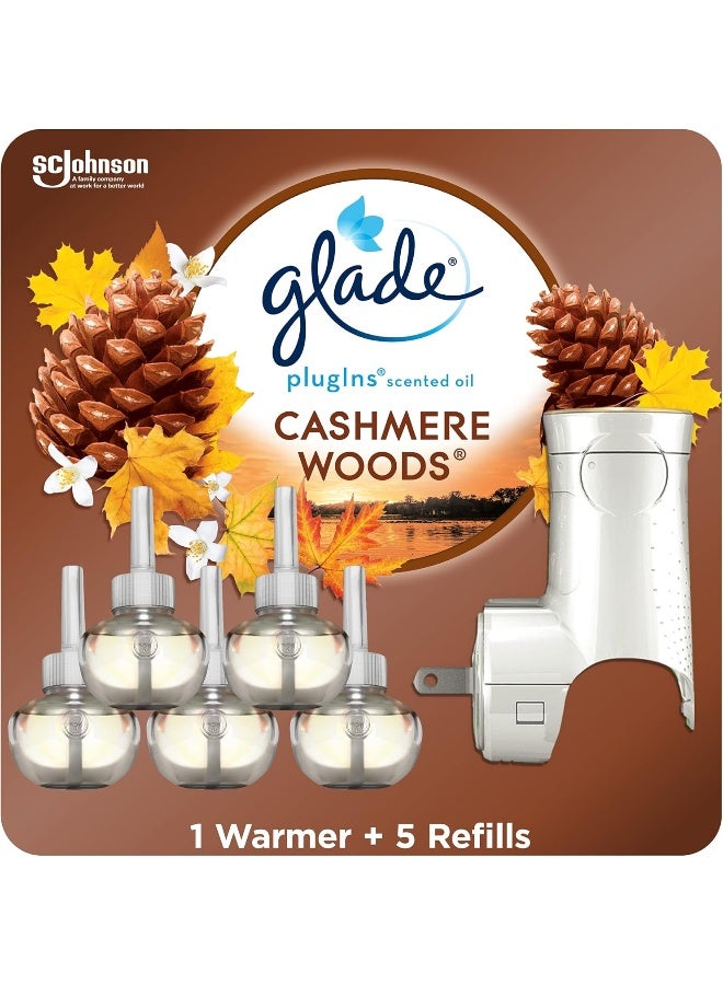 Glade PlugIns Refills Air Freshener Starter Kit, Scented and Essential Oils for Home and Bathroom, Cashmere Woods, 3.35 Fl Oz, 1 Warmer + 5 Refills - Image 1