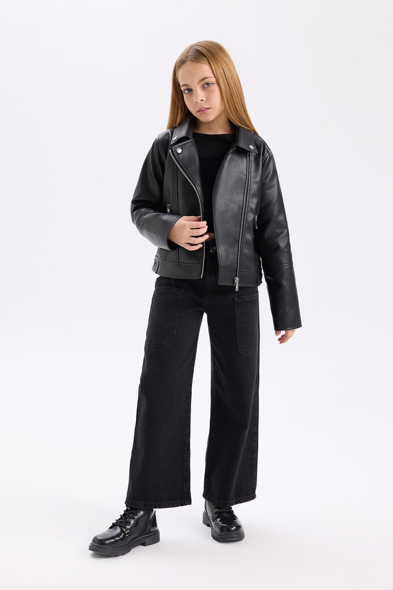 DeFacto Black Girl Zippered Faux Leather Waterproof Jacket Casual - Image 2