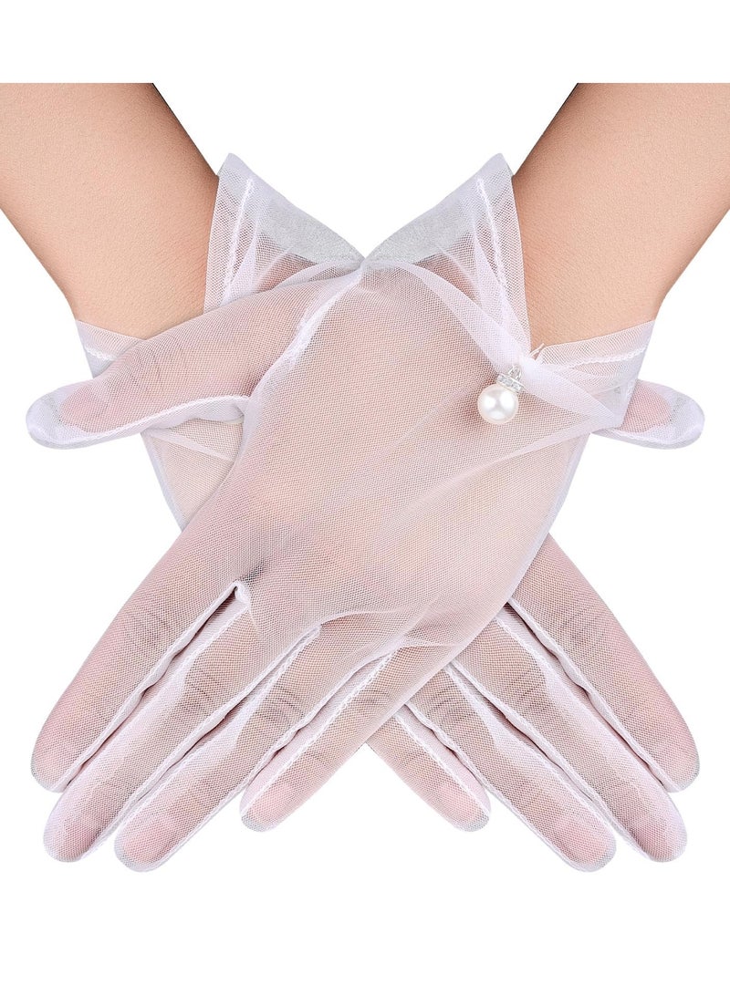 Stylish Lace Pearl Bridal Gloves Short Wedding Wrist Gloves for Parties Prom and Special Occasions  - Image 1