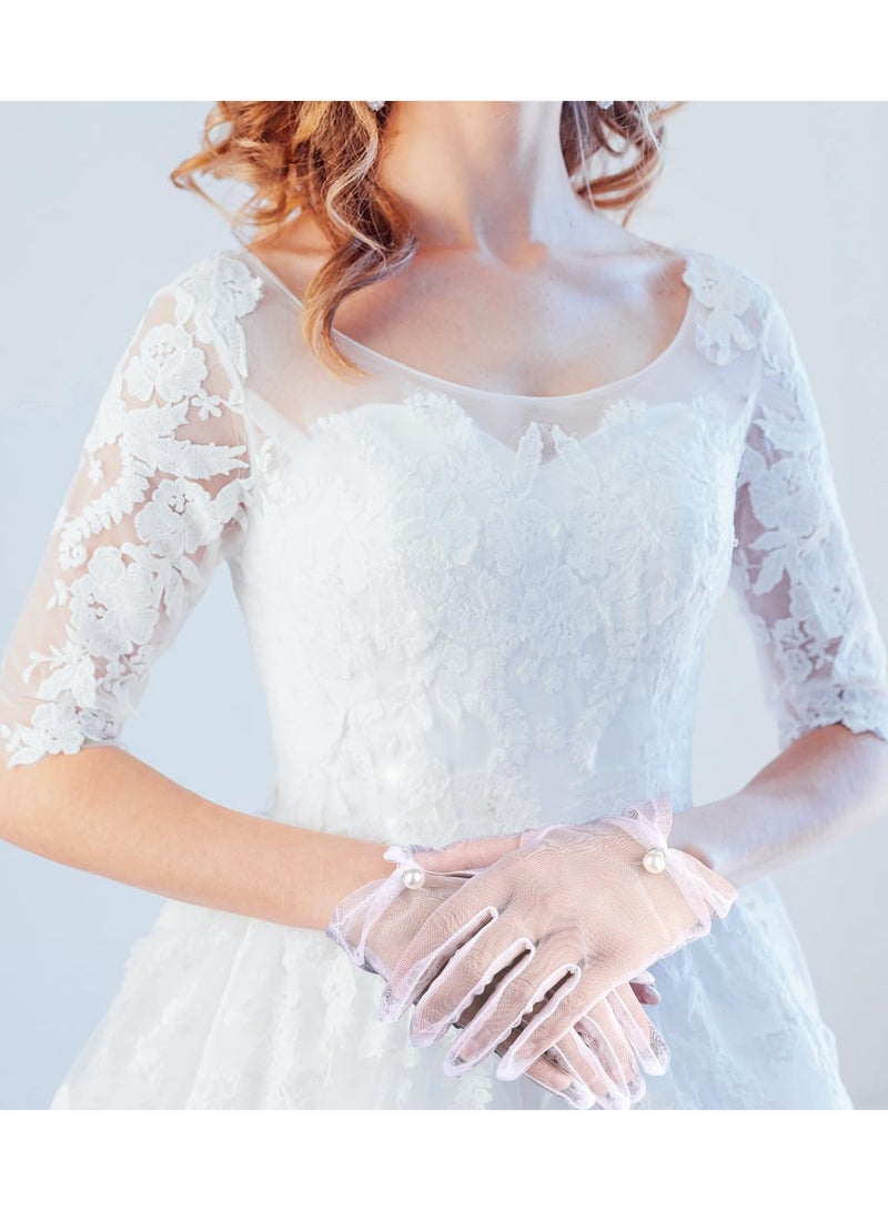 Stylish Lace Pearl Bridal Gloves Short Wedding Wrist Gloves for Parties Prom and Special Occasions  - Image 2