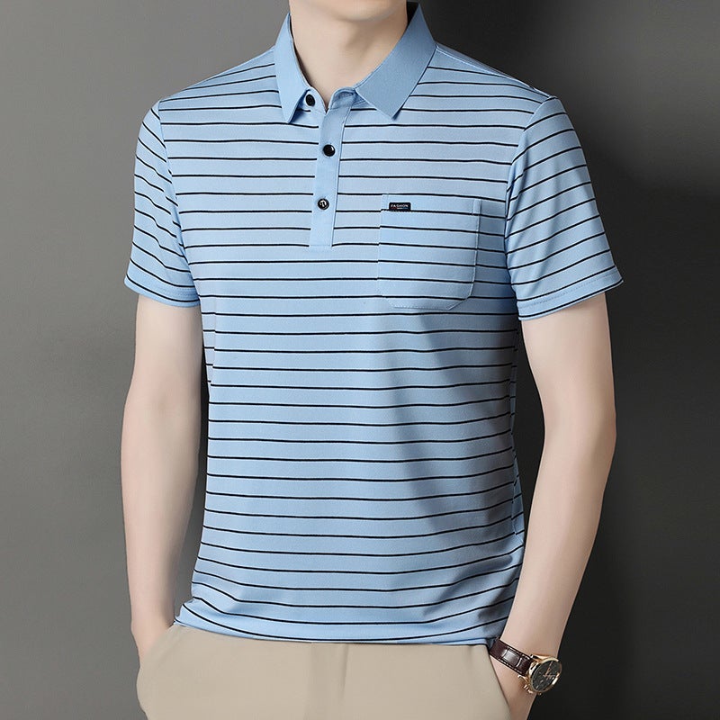 Men's Striped Short Sleeve Polo Shirt with Breathable Fabric and Real Pocket - Image 4