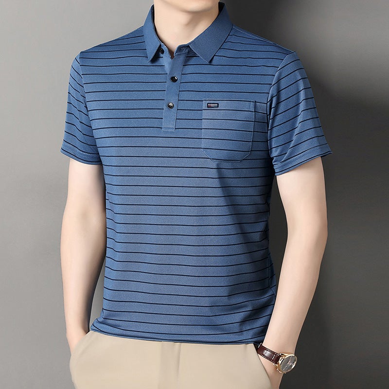 Men's Striped Short Sleeve Polo Shirt with Breathable Fabric and Real Pocket - Image 3