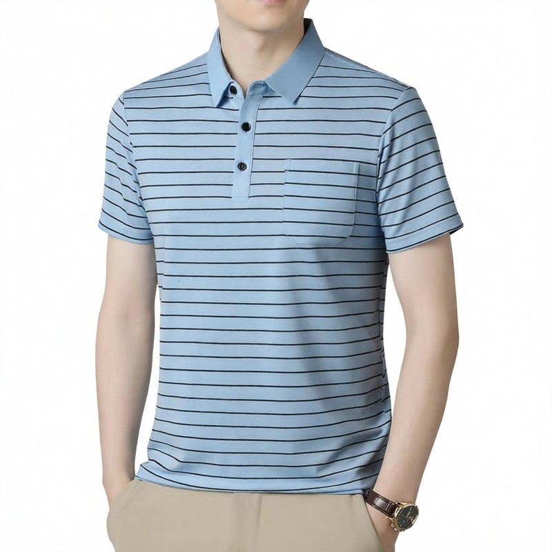 Men's Striped Short Sleeve Polo Shirt with Breathable Fabric and Real Pocket - Image 1