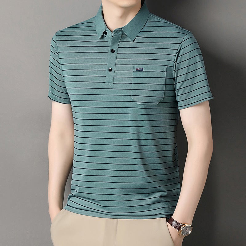 Men's Striped Short Sleeve Polo Shirt with Breathable Fabric and Real Pocket - Image 2
