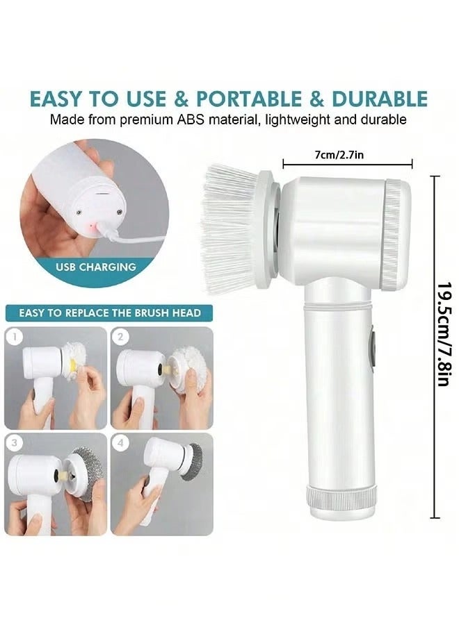 Electric Spin Scrubber,  Household Cleaning Tools, Portable Rechargeable Cleaning Brush with 5 Replaceable Brush Heads, Cordless Handheld for Bathroom/Kitchen/Dish/Tub /Floor/Tile/Glass(White) - Image 2
