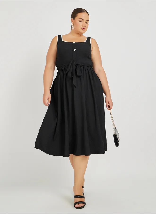 ستايلي Styli Plus Size Textured Strappy Midi Dress with Tie-Up Belt Detail
