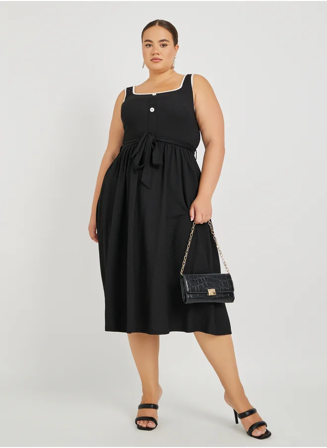 ستايلي Styli Plus Size Textured Strappy Midi Dress with Tie-Up Belt Detail