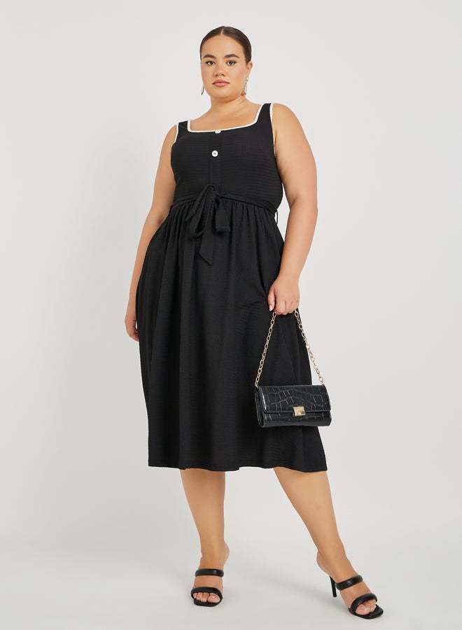 Styli Plus Size Textured Strappy Midi Dress with Tie-Up Belt Detail - Image 1