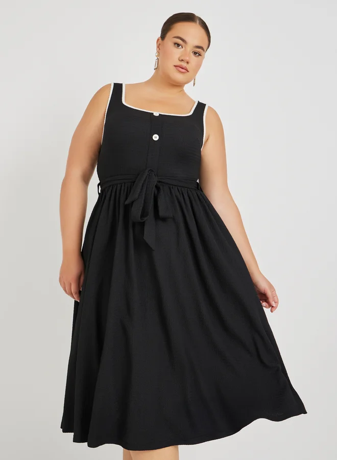 Styli Belted Textured Midi Dress