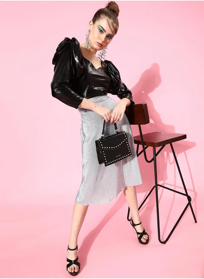 Athena Metallic Look Textured Midi Skirt by Styli