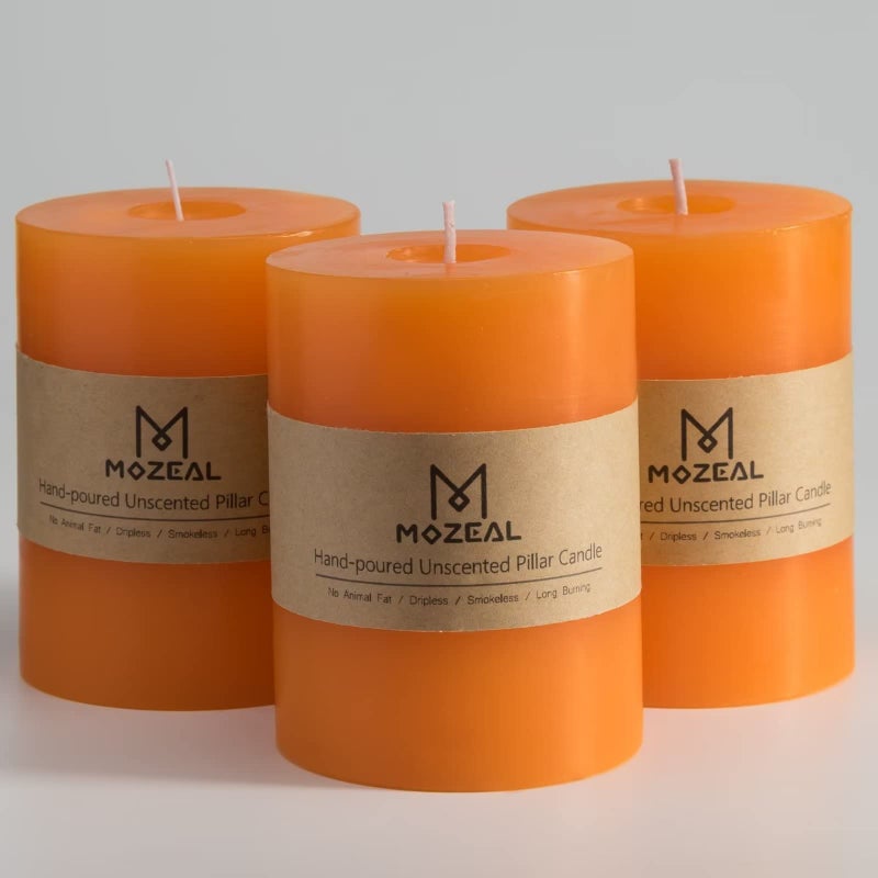 MOZEAL 3 x 4 HandPoured Unscented CandleDripless Pillar Candle Set of 3Long Clean BurningApprox 72 Hours Burn TimeRustic Country StyleWeddingDinnerChristmas and Home DecorOrange