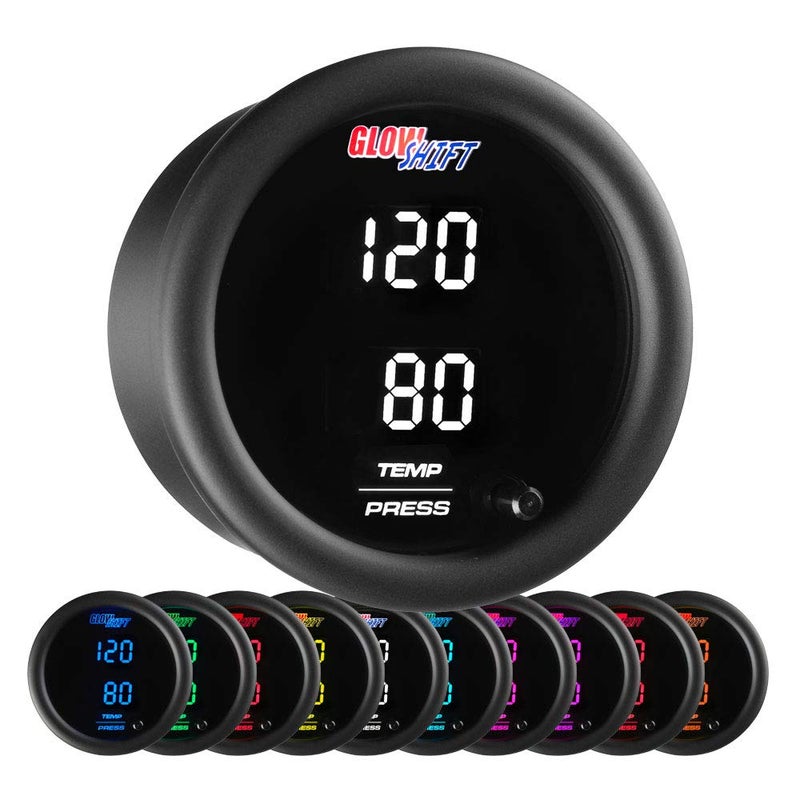 GlowShift 10 Color Digital Dual Temperature Pressure Gauge Kit for Boost Oil PSI Water Coolant Transmission Temp Includes 1827 NPT Electronic Sensors Wiring MultiColor Display 52mm
