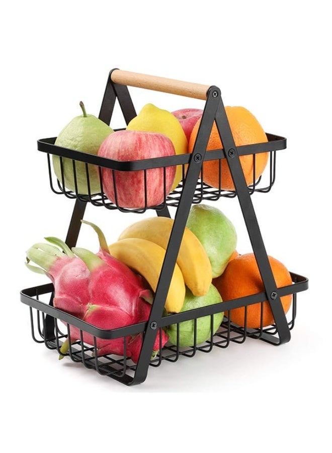 سلة فواكه معدنية 2 دور للكونتر توب بيد خشبية – منظم فواكه وخضار متعدد الاستخدامات قابل للفصل – سلة تخزين للمطبخ بتهوية لحفظ الطزاجة وتصميم ثابت مقاوم للصدأ – مناسبة للفواكه والخضروات والخبز والسناكس وسهلة التجميع - Image 1