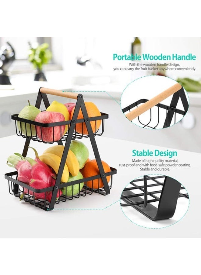سلة فواكه معدنية 2 دور للكونتر توب بيد خشبية – منظم فواكه وخضار متعدد الاستخدامات قابل للفصل – سلة تخزين للمطبخ بتهوية لحفظ الطزاجة وتصميم ثابت مقاوم للصدأ – مناسبة للفواكه والخضروات والخبز والسناكس وسهلة التجميع - Image 4