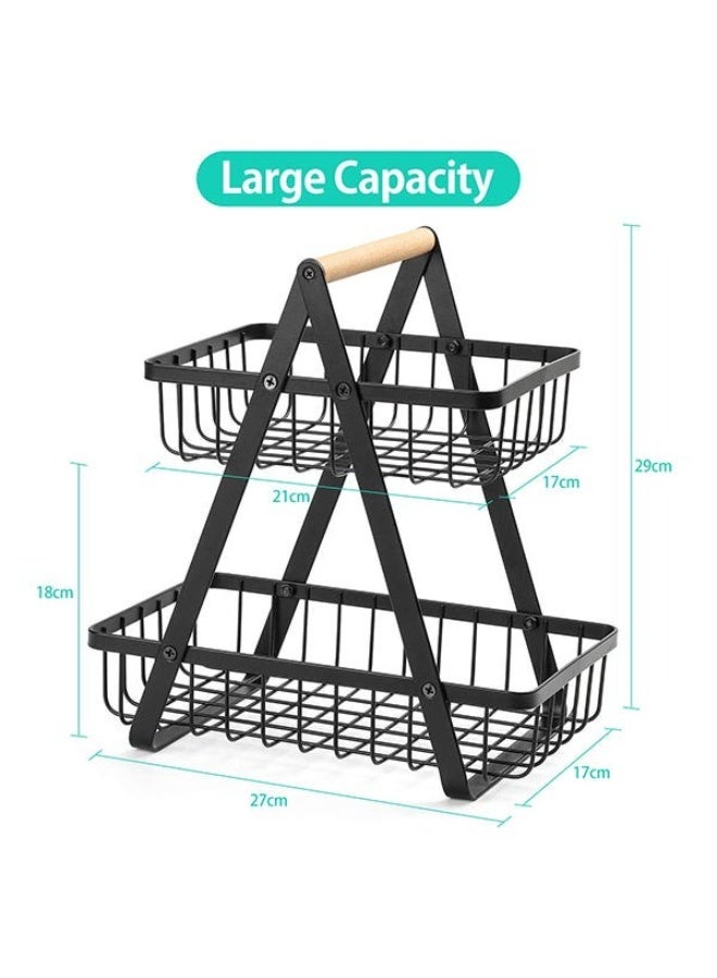سلة فواكه معدنية 2 دور للكونتر توب بيد خشبية – منظم فواكه وخضار متعدد الاستخدامات قابل للفصل – سلة تخزين للمطبخ بتهوية لحفظ الطزاجة وتصميم ثابت مقاوم للصدأ – مناسبة للفواكه والخضروات والخبز والسناكس وسهلة التجميع - Image 2