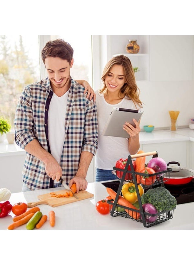 سلة فواكه معدنية 2 دور للكونتر توب بيد خشبية – منظم فواكه وخضار متعدد الاستخدامات قابل للفصل – سلة تخزين للمطبخ بتهوية لحفظ الطزاجة وتصميم ثابت مقاوم للصدأ – مناسبة للفواكه والخضروات والخبز والسناكس وسهلة التجميع - Image 5