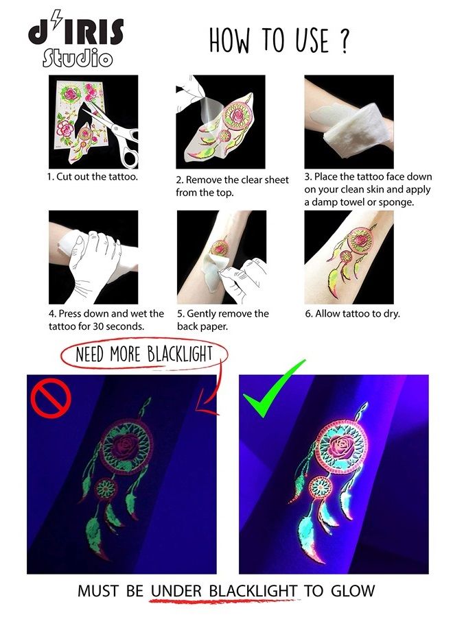 d'IRIS studio Temporary Tattoos – 1 Sheet Butterfly Design Body Paint Art Blacklight Reactive Light Festival Accessories Glow in the Dark Party Supplies | 7.2” x 5.2” Temp Great for EDM EDC Party Rave Parties - Image 2