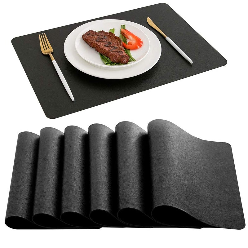 DOLOPL Placemats Set of 6 Black Waterproof Faux Leather Heat Resistant Place Mats for Kitchen Dining Room Table Decorations Wipeable Table Mats for Indoor  Outdoor Use