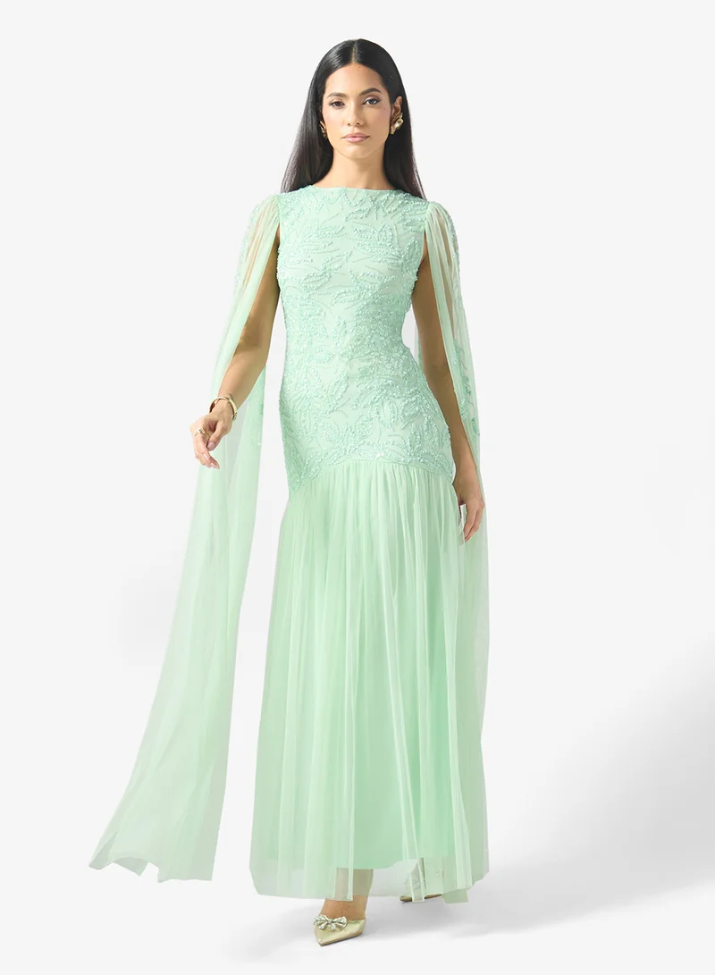 Namshi X Embellished Mermaid Cut Evening Dress With Exaggerated Trail