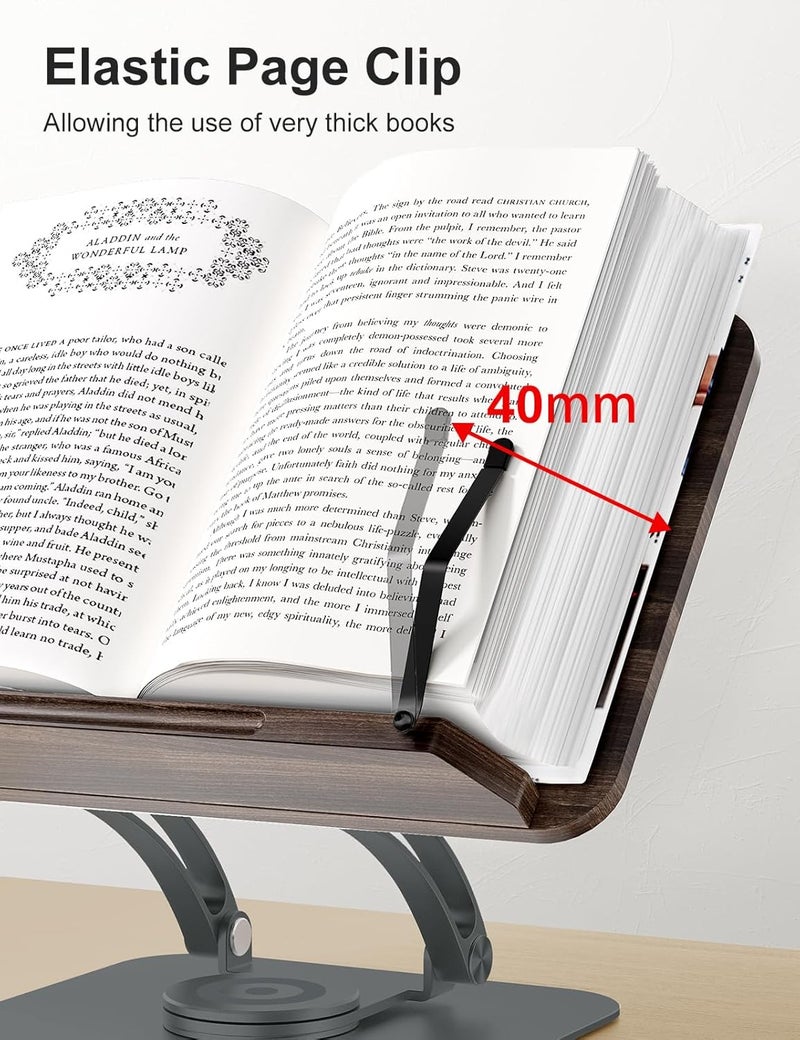 tounee Book Stand for Reading, Adjustable Book Holder with 360° Swivel Base, Foldable Cookbook Stand Recipe Holder with Elastic Page Clips for Music Scores, Recipe, Tablet, Laptop - Image 5