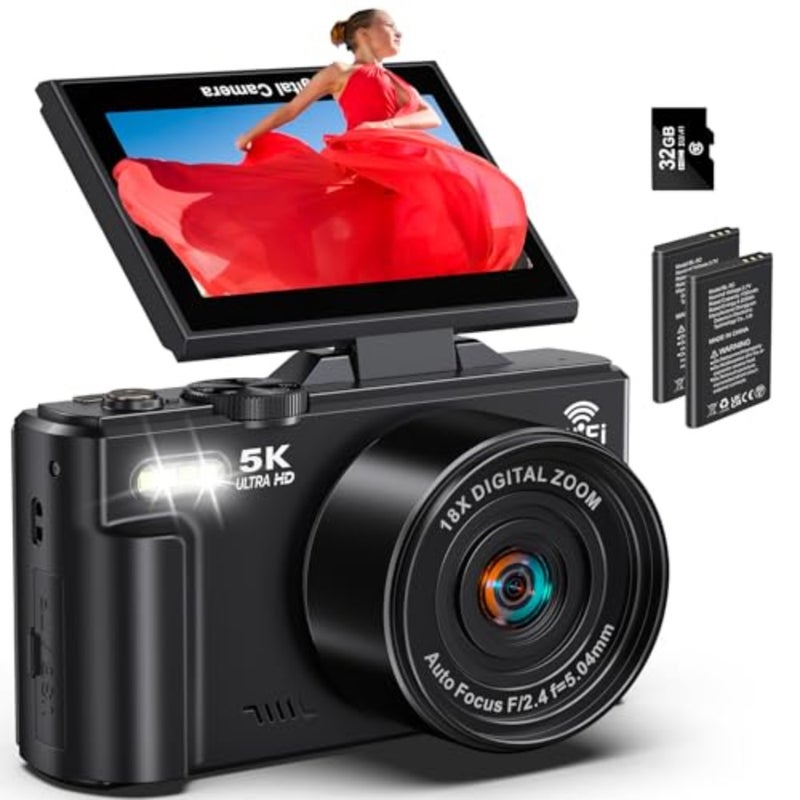 5K Digital Camera, 1 unit, for beginner photographers and vloggers, aluminum alloy body, ultra-high-definition imaging and smooth autofocus, black, includes 2 batteries and flip-up 3-inch 180 screen - Image 1