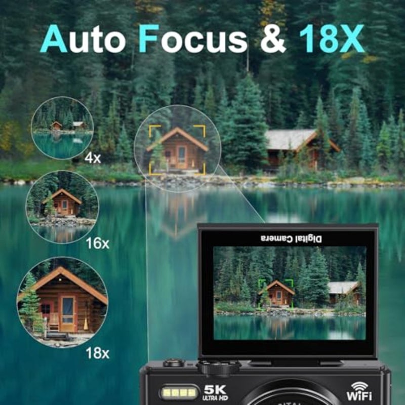 5K Digital Camera, 1 unit, for beginner photographers and vloggers, aluminum alloy body, ultra-high-definition imaging and smooth autofocus, black, includes 2 batteries and flip-up 3-inch 180 screen - Image 4