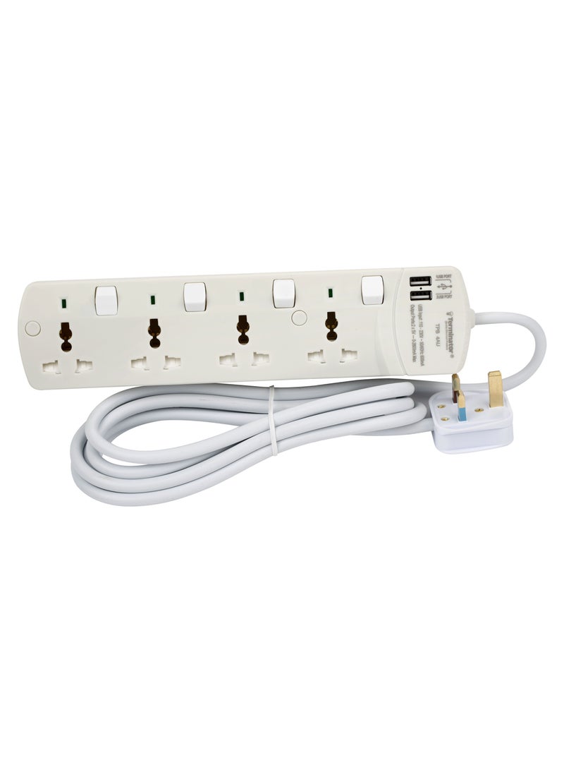 Terminator Extension 4G/3M + 2 USB TPB 4AU Universal Socket W/Individual Switches & Indicators Terminator