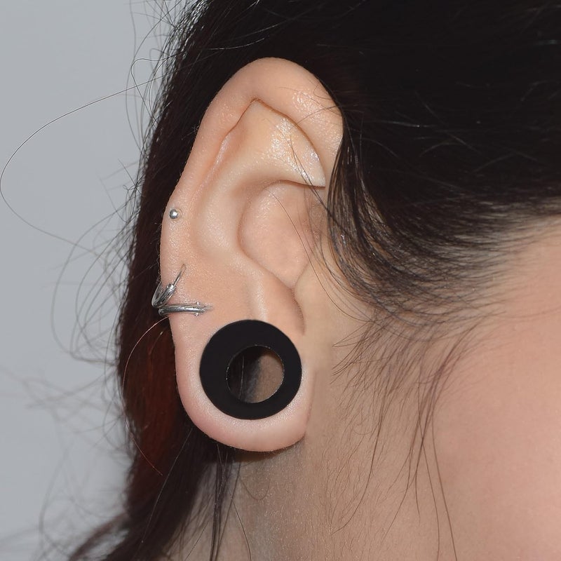 Qmcandy 1/2/9 Pairs Black Thin Silicone Flexible Ear Skin Hollow Tunnels Plugs Piercing 8g-1 inch - Image 3