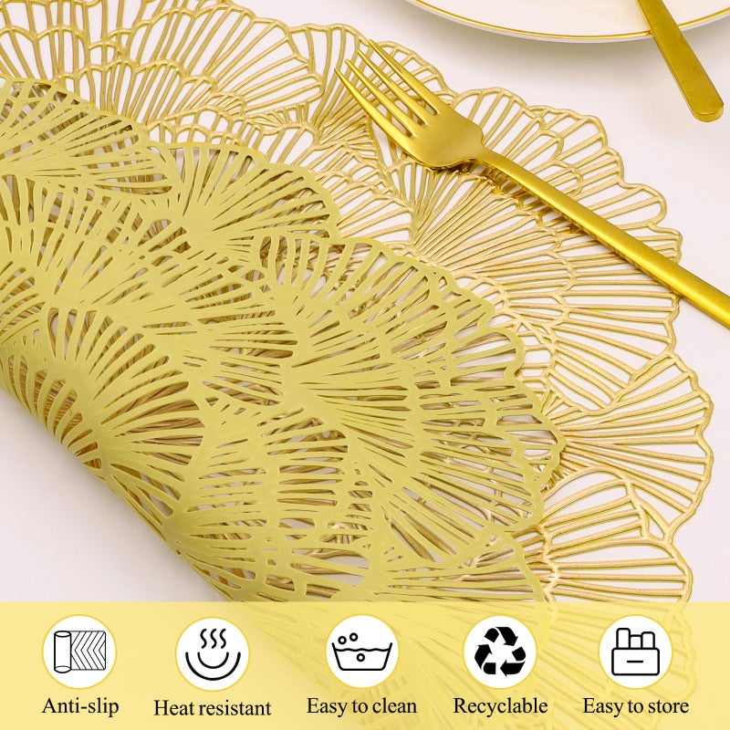 timecity Round Gold Placemats Set of 4 Flower Tablemats Round Vinyl Place Mats Table Setting Kitchen Table Mats for Dining Table Holiday Wedding Decorative - Image 3