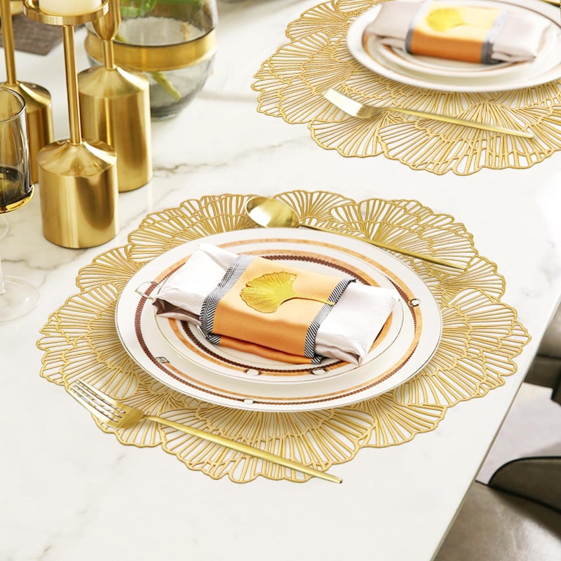 timecity Round Gold Placemats Set of 4 Flower Tablemats Round Vinyl Place Mats Table Setting Kitchen Table Mats for Dining Table Holiday Wedding Decorative - Image 5