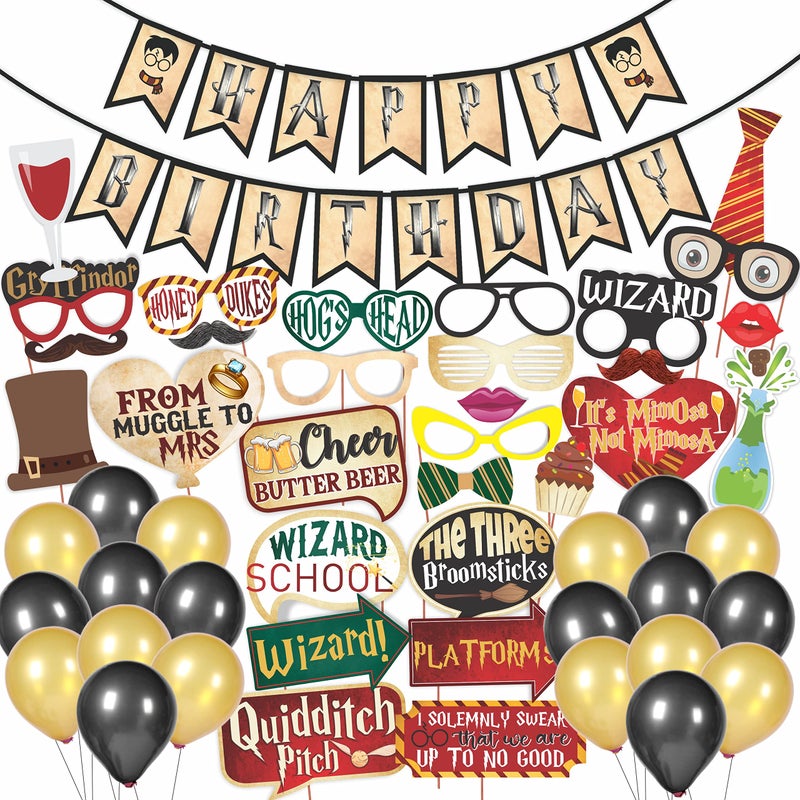 WOBBOX Happy Birthday Combo Harry Potter Theme Party Props 29 Pcs with Retro Colour Bunting Banner & Balloons, Birthday Decoration Item - Image 2