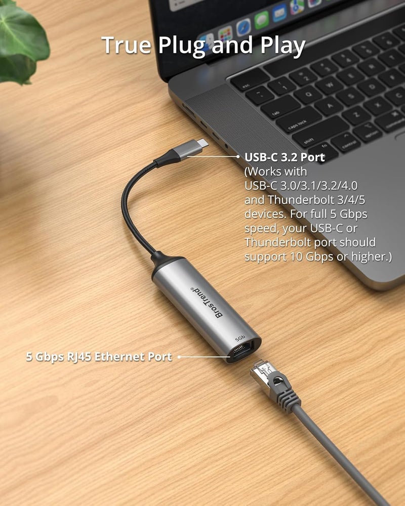 BrosTrend محول BrosTrend 5 جيجابت USB C إلى إيثرنت، محول شبكة إيثرنت من الألومنيوم إلى Type C، التوصيل والتشغيل لويندوز وماك أو إس وغيرها، متوافق مع Dell XPS وMacBook وiPad (Thunderbolt 5/4/3)، حماية مدى الحياة - Image 3