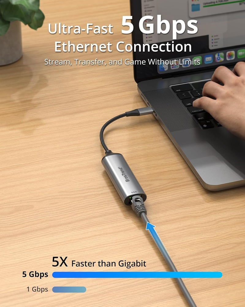 BrosTrend محول BrosTrend 5 جيجابت USB C إلى إيثرنت، محول شبكة إيثرنت من الألومنيوم إلى Type C، التوصيل والتشغيل لويندوز وماك أو إس وغيرها، متوافق مع Dell XPS وMacBook وiPad (Thunderbolt 5/4/3)، حماية مدى الحياة - Image 2