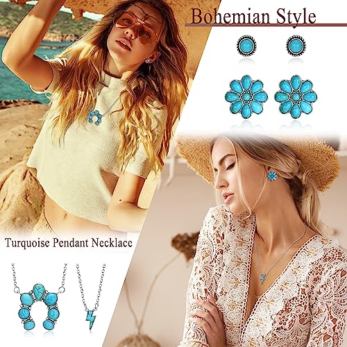 Fansilver Western Jewelry for Women Bohemian Turquoise Jewelry Set Navajo Pearl Necklace Beaded Choker Necklace Turquoise Earrings Bracelet Western Knuckle Rings TurquoiseJewelry for Women - Image 5
