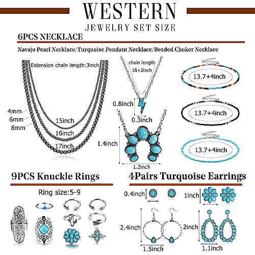Fansilver Western Jewelry for Women Bohemian Turquoise Jewelry Set Navajo Pearl Necklace Beaded Choker Necklace Turquoise Earrings Bracelet Western Knuckle Rings TurquoiseJewelry for Women - Image 2