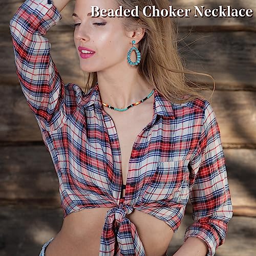 Fansilver Western Jewelry for Women Bohemian Turquoise Jewelry Set Navajo Pearl Necklace Beaded Choker Necklace Turquoise Earrings Bracelet Western Knuckle Rings TurquoiseJewelry for Women - Image 4