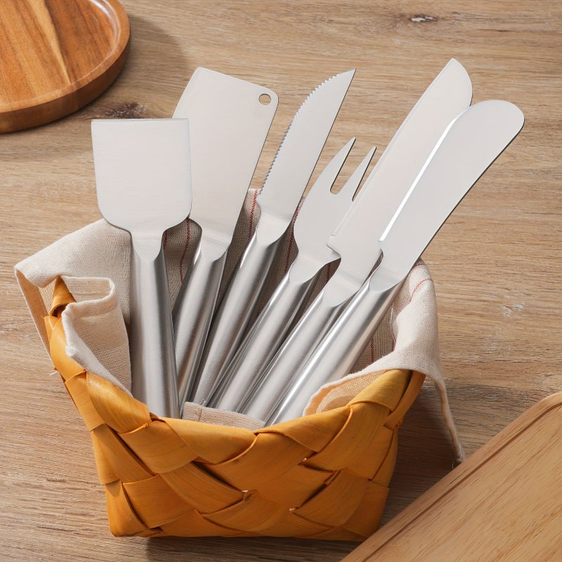 Stainless Steel Long Handle Kitchen Knife Set of Six for Cheese Beef Salad Baking - Image 1