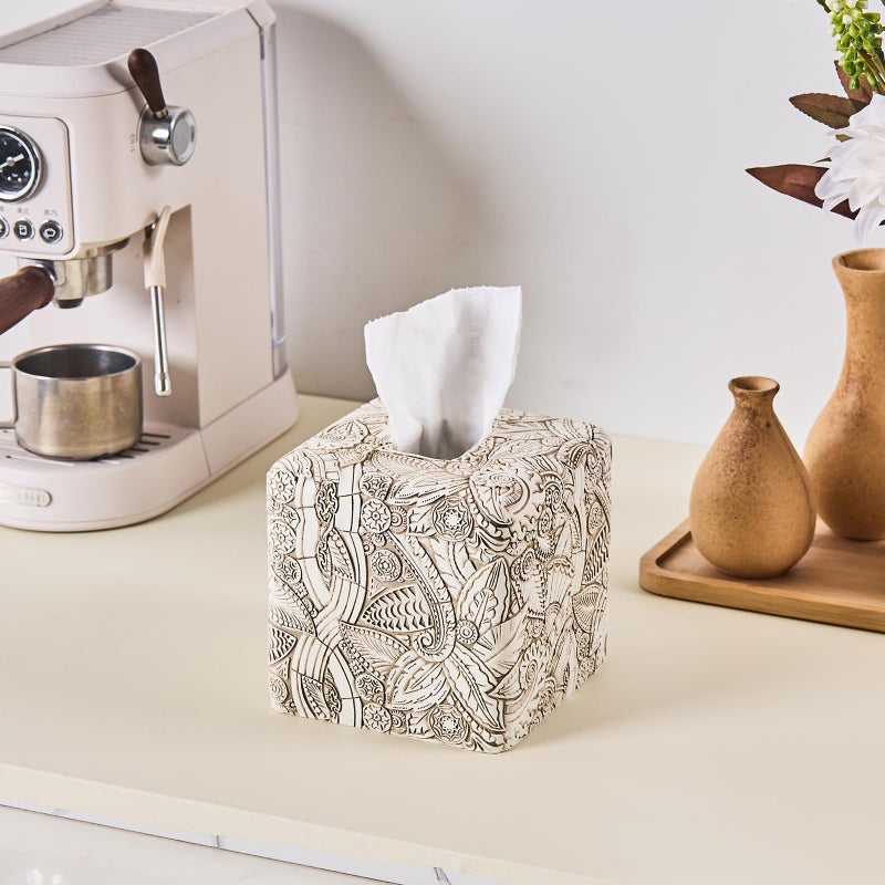 Polytree Tropical Leaves Vintage Wood Carved Square Tissue Box Cover Decorative,Tissue Box Holder, Facial Paper Holder for Bathroom Vanity Countertop, Bedroom Night Stand,Office and End Table, Rustic White - Image 2