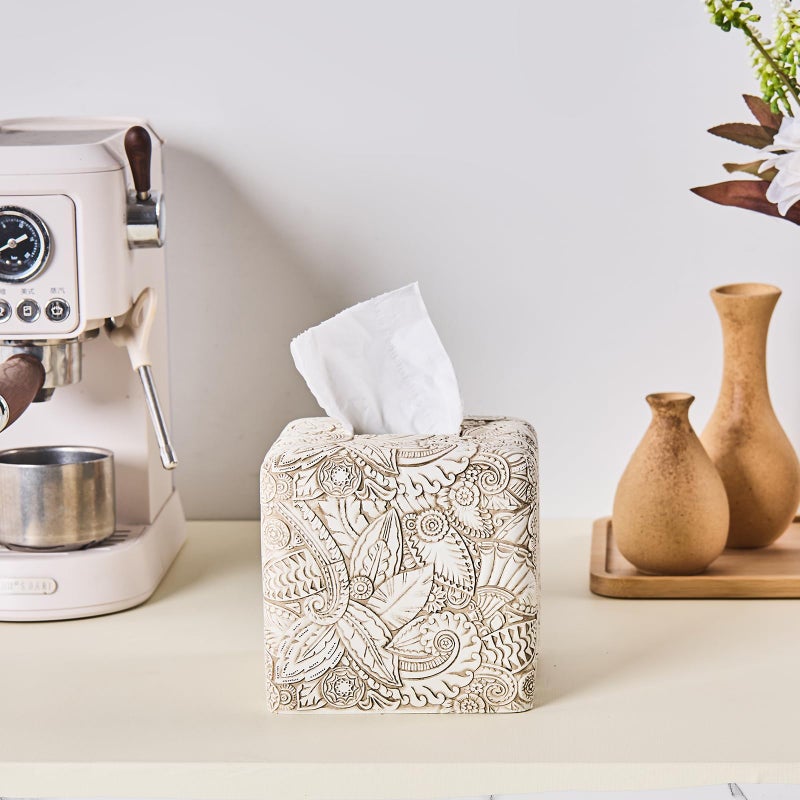 Polytree Tropical Leaves Vintage Wood Carved Square Tissue Box Cover Decorative,Tissue Box Holder, Facial Paper Holder for Bathroom Vanity Countertop, Bedroom Night Stand,Office and End Table, Rustic White - Image 5